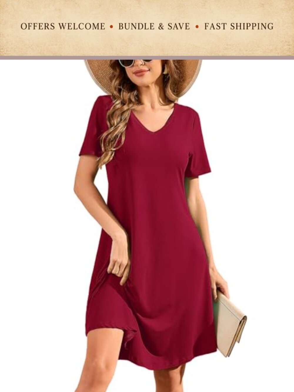 Women's V-Neck Short Sleeve Casual Mini Dress with Pockets